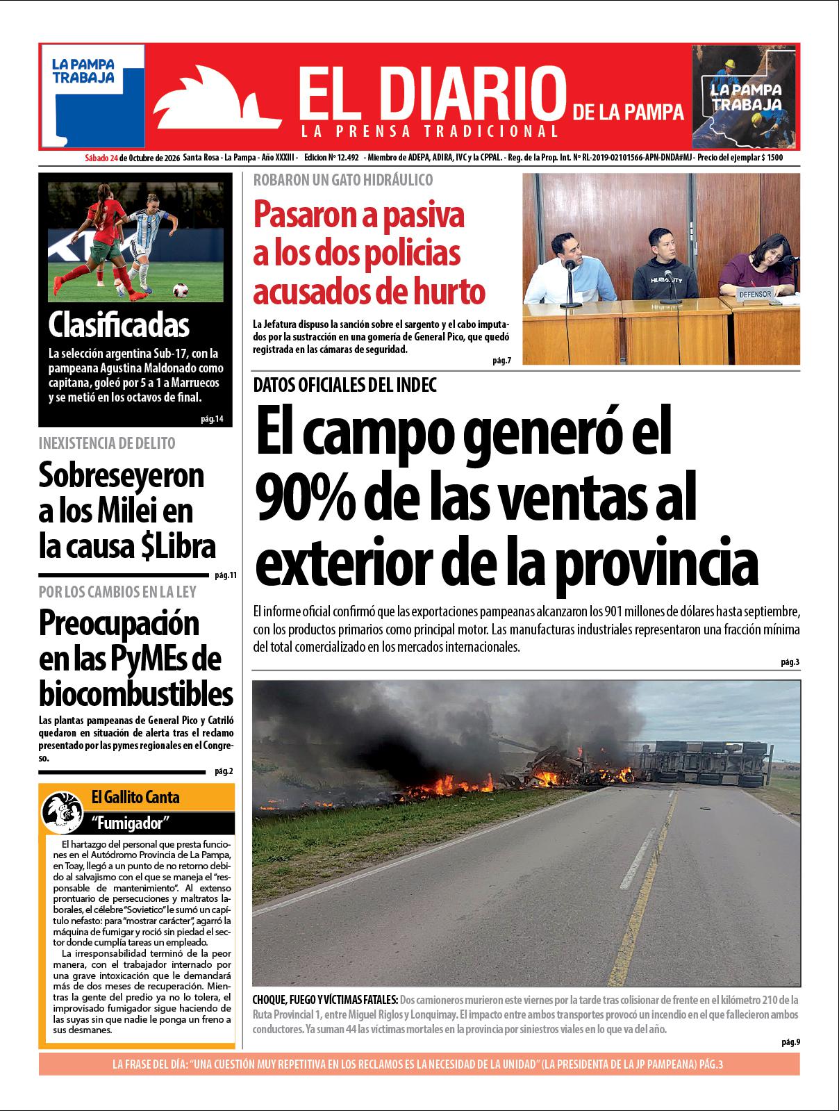 Tapa de El Diario en papel  saacutebado 24 de octubre de 2026